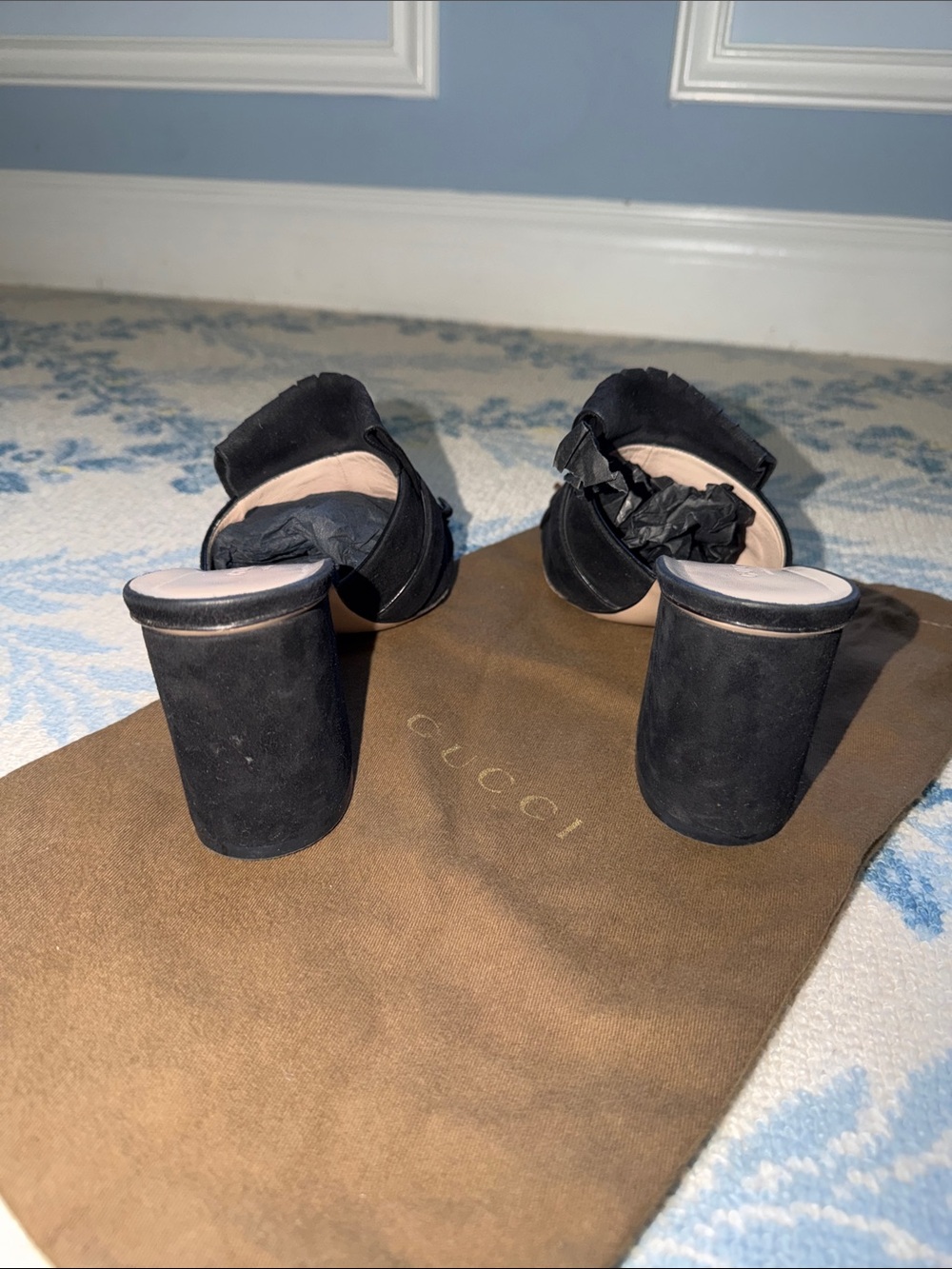 Gucci Black Suede GG Marmont Fringe Mules Block Heel Sandals 38 - Picture 6 of 10